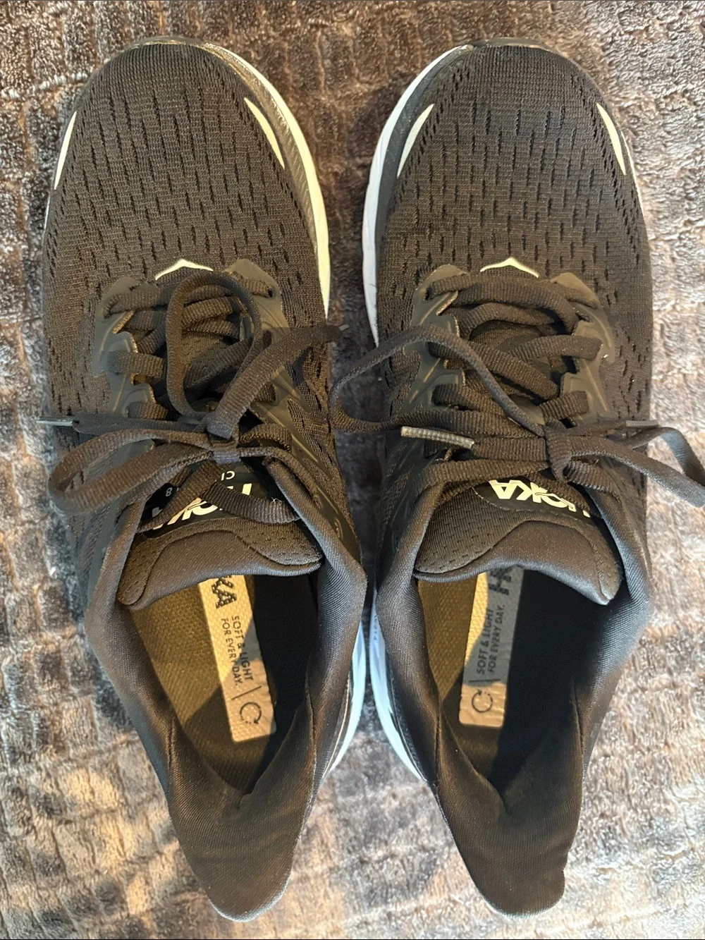 Hoka Womens Clifton 8 Black and White Athletic Running Shoes 7B